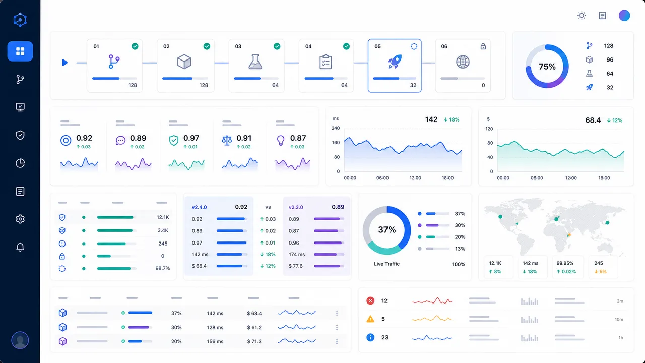 AI deployment engineering dashboard showing release stages, evaluation, latency, cost, and production monitoring
