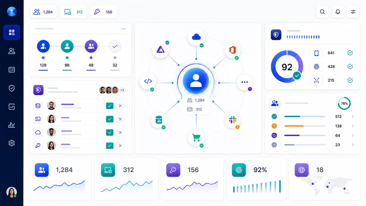 Identity and access dashboard showing application connections, access reviews, and security signals