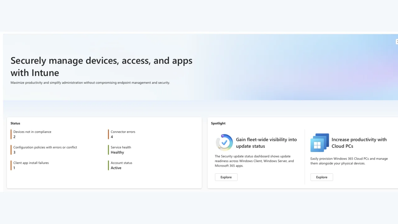 Microsoft Intune administration dashboard showing device compliance status and service health