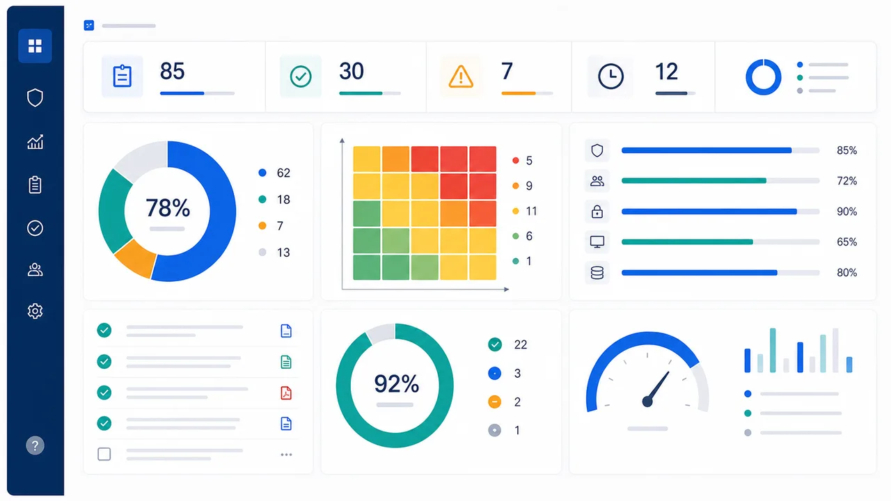 ISO 27001 readiness dashboard with risk matrix, control progress, and audit indicators