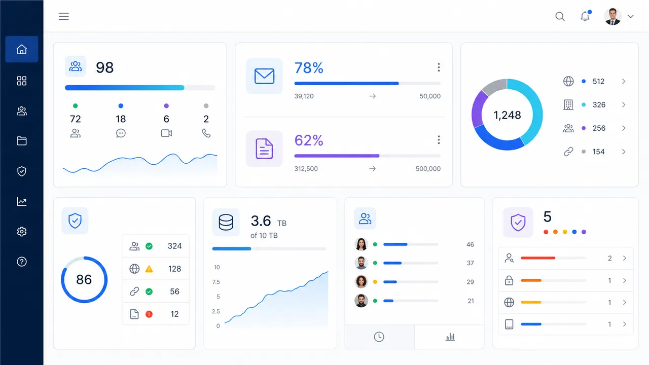 Modern workplace dashboard showing migration progress, service health, storage, and governance
