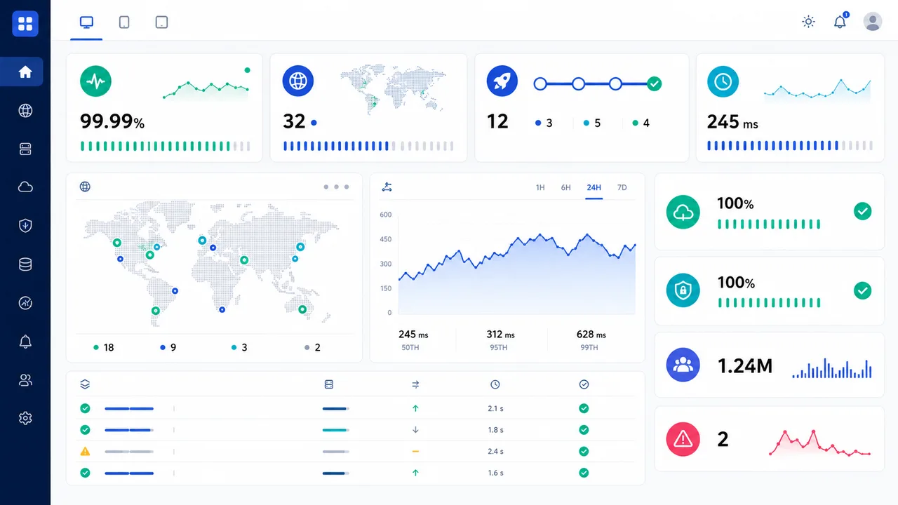 Managed hosting dashboard with uptime, deployment, traffic, backup, and global performance indicators