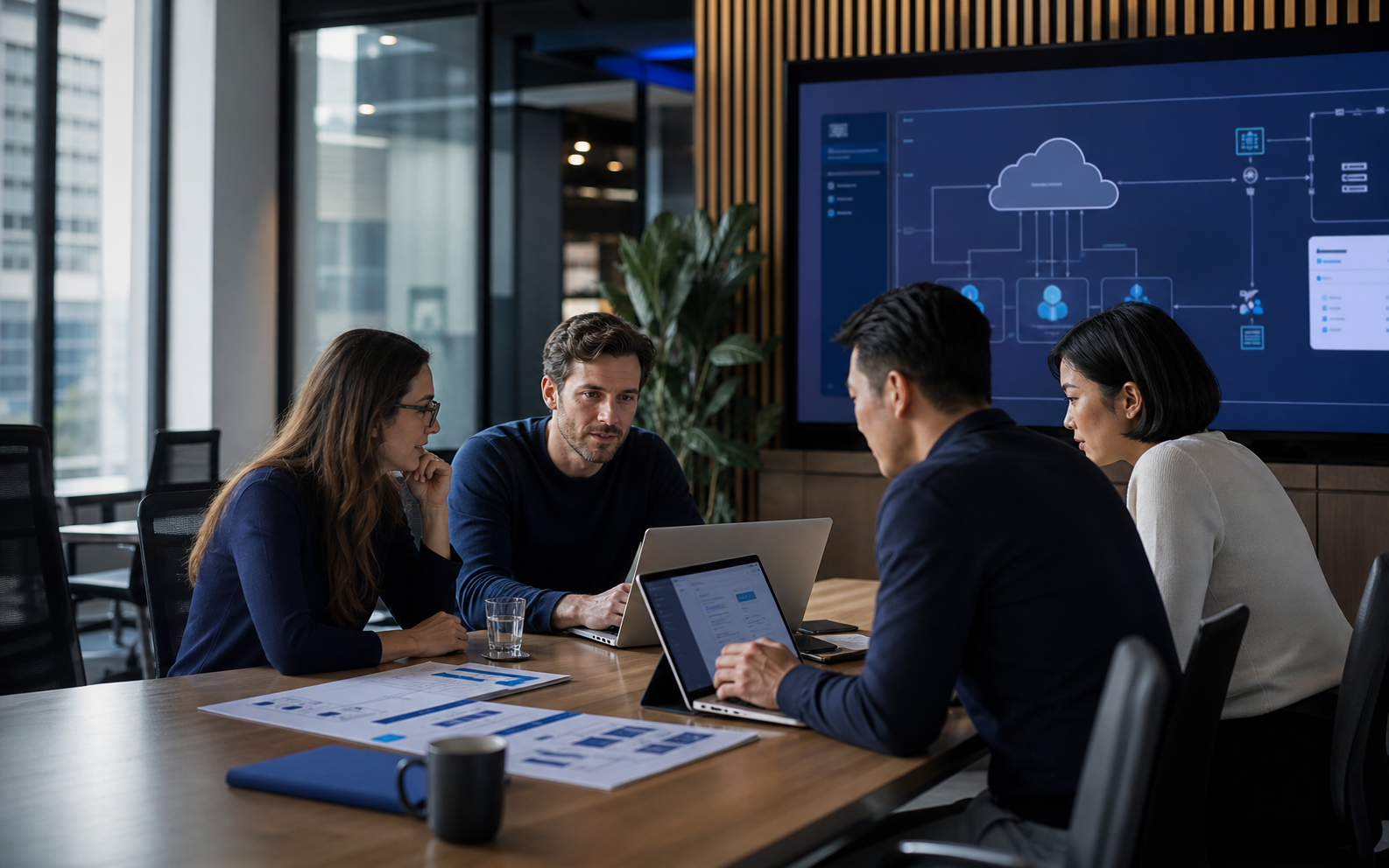Technology consultants collaborating around a table on infrastructure architecture